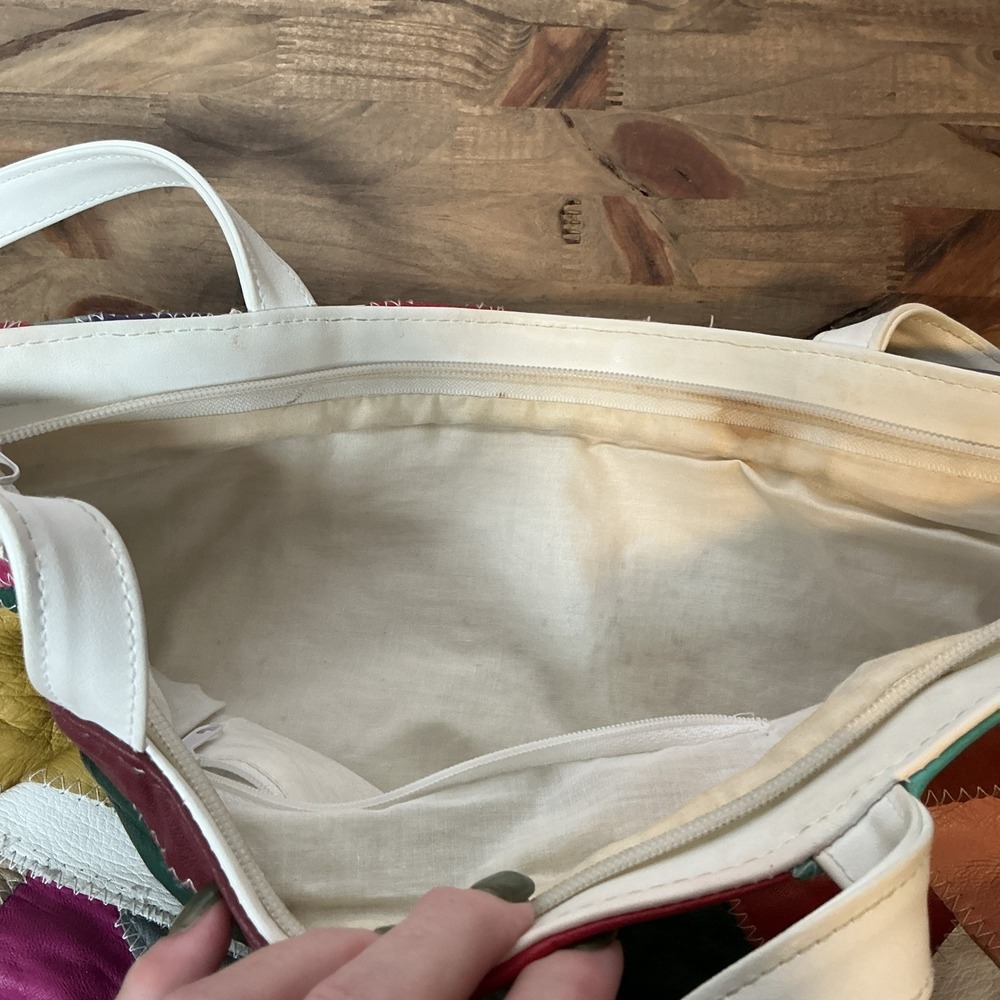 Vintage Genuine Leather Patchwork Tote Bag Multicolor Colorblock Shoulder Purse - Picture 12 of 16